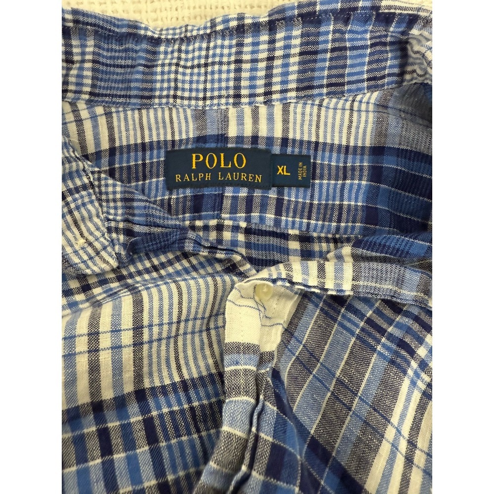 Polo Ralph Lauren Shirt Linen Button Up XL Blue Plaid Pony Long Sleeve - Picture 4 of 8